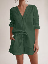 Load image into Gallery viewer, Notched Long Sleeve Top and Shorts Set