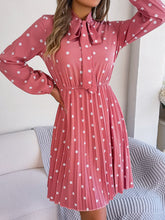 Load image into Gallery viewer, Polka Dot Tie Neck Pleated Dress