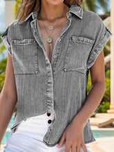 Load image into Gallery viewer, Collared Neck Cap Sleeve Denim Top