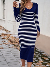 Load image into Gallery viewer, Striped V-Neck Long Sleeve Sweater Dress