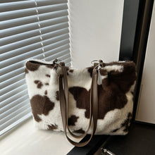 Load image into Gallery viewer, Cow Print Furry Tote Bag
