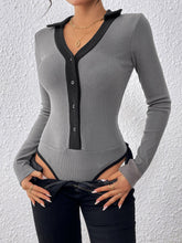 Load image into Gallery viewer, Perfee Contrast Trim Johnny Collar Long Sleeve Bodysuit