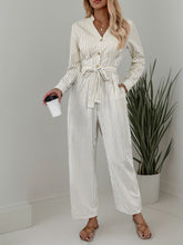 Load image into Gallery viewer, Striped Notched Long Sleeve Tie Waist Jumpsuit