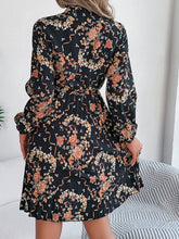 Load image into Gallery viewer, Pleated Printed Tie Neck Long Sleeve Dress