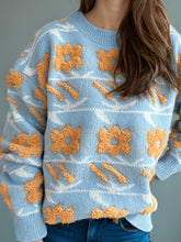 Load image into Gallery viewer, Flower Contrast Round Neck Long Sleeve Sweater