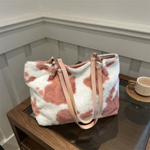 Load image into Gallery viewer, Cow Print Furry Tote Bag