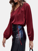 Load image into Gallery viewer, Ruched Tie Neck Balloon Sleeve Blouse