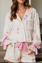 Load image into Gallery viewer, Bow Printed Collared Neck Top and Drawstring Shorts Lounge Set