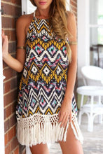 Load image into Gallery viewer, Full Size Tassel Printed Halter Neck Mini Dress