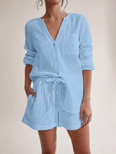 Load image into Gallery viewer, Notched Long Sleeve Top and Shorts Set