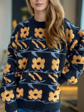 Load image into Gallery viewer, Flower Contrast Round Neck Long Sleeve Sweater