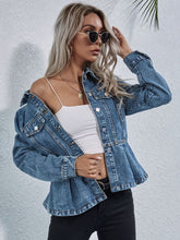 Load image into Gallery viewer, Peplum Collared Neck Long Sleeve Denim Top