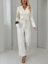 Load image into Gallery viewer, Striped Notched Long Sleeve Tie Waist Jumpsuit