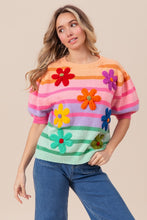 Load image into Gallery viewer, BiBi Flower Patch Puff Sleeve Striped Sweater