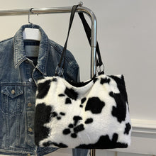 Load image into Gallery viewer, Cow Print Furry Tote Bag