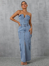 Load image into Gallery viewer, Slit Half Button Tube Denim Dress