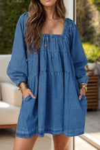 Load image into Gallery viewer, Tied Square Neck Long Sleeve Denim Dress with Pockets