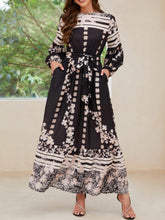 Load image into Gallery viewer, Printed Round Neck Long Sleeve Maxi Dress with Pockets
