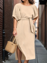 Load image into Gallery viewer, Slit Round Neck Tie Waist Midi Dress