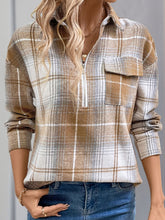 Load image into Gallery viewer, Perfee Plaid Collared Neck Half Zip Long Sleeve Top