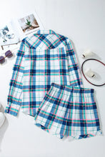 Load image into Gallery viewer, Plaid Snap Down Long Sleeve Top and Shorts Lounge Set