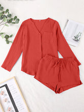 Load image into Gallery viewer, Notched Long Sleeve Top and Shorts Set