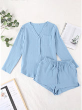 Load image into Gallery viewer, Notched Long Sleeve Top and Shorts Set