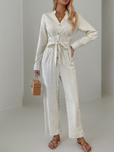 Load image into Gallery viewer, Striped Notched Long Sleeve Tie Waist Jumpsuit