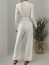 Load image into Gallery viewer, Striped Notched Long Sleeve Tie Waist Jumpsuit