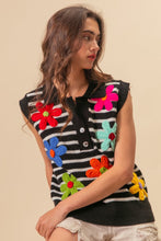 Load image into Gallery viewer, BiBi Flower Patch Striped Half Button Sweater Vest