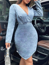 Load image into Gallery viewer, Surplice Long Sleeve Denim Dress