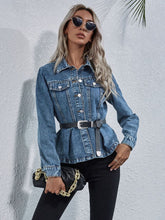 Load image into Gallery viewer, Peplum Collared Neck Long Sleeve Denim Top