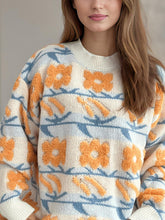 Load image into Gallery viewer, Flower Contrast Round Neck Long Sleeve Sweater
