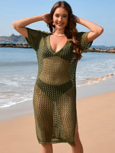 Load image into Gallery viewer, Slit Openwork Johnny Collar Short Sleeve Cover-Up
