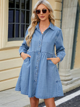 Load image into Gallery viewer, Tiered Button Up Long Sleeve Denim Dress
