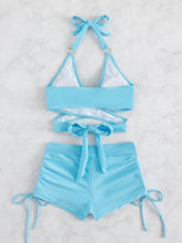 Load image into Gallery viewer, Crisscross Tied Top and Drawstring Shorts Swim Set