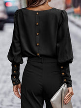 Load image into Gallery viewer, Decorative Button Round Neck Long Sleeve Blouse