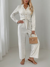 Load image into Gallery viewer, Striped Notched Long Sleeve Tie Waist Jumpsuit
