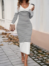 Load image into Gallery viewer, Striped V-Neck Long Sleeve Sweater Dress
