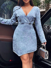 Load image into Gallery viewer, Surplice Long Sleeve Denim Dress