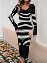 Load image into Gallery viewer, Striped V-Neck Long Sleeve Sweater Dress