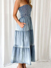 Load image into Gallery viewer, Slit Smocked Tube Tiered Denim Dress