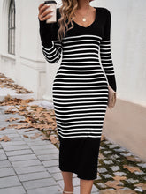 Load image into Gallery viewer, Striped V-Neck Long Sleeve Sweater Dress