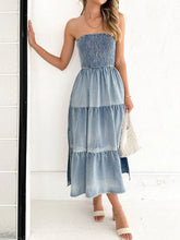 Load image into Gallery viewer, Slit Smocked Tube Tiered Denim Dress