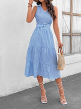 Load image into Gallery viewer, Striped Johnny Collar Sleeveless Midi Dress