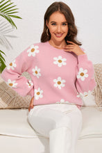Load image into Gallery viewer, Flower Round Neck Dropped Shoulder Sweater