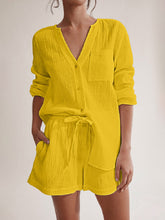 Load image into Gallery viewer, Notched Long Sleeve Top and Shorts Set