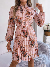 Load image into Gallery viewer, Pleated Printed Tie Neck Long Sleeve Dress
