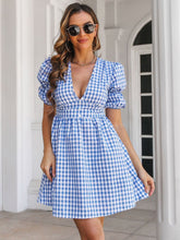 Load image into Gallery viewer, Decorative Button Plaid Short Sleeve Dress
