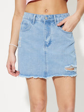 Load image into Gallery viewer, Distressed Raw Hem Mini Denim Skirt